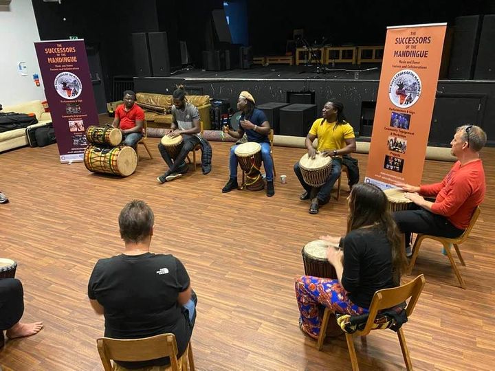 Djembe drumming workshop in Neuadd Ogwen, Bethesda, with N'famady Kouyaté, Suntou Susso, Mohamed Mommo Sangare, and Aboubacar Konate
