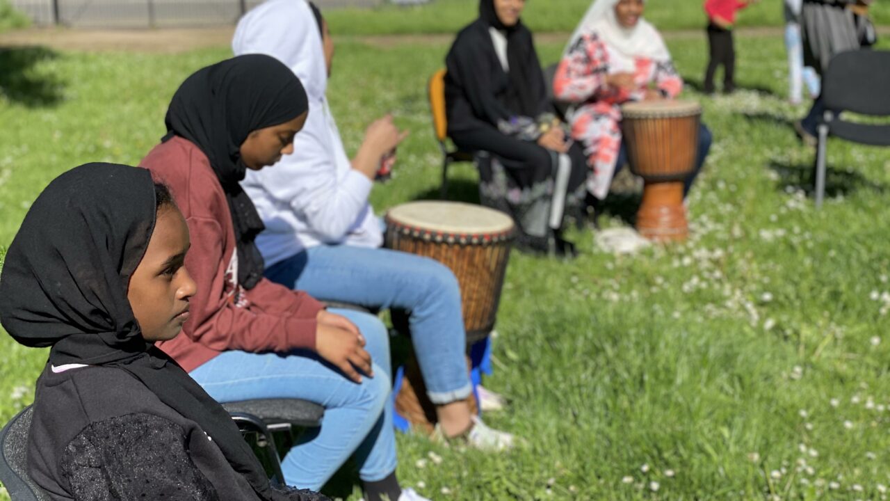 Djembe drumming workshop in Clare Gardens, Riverside