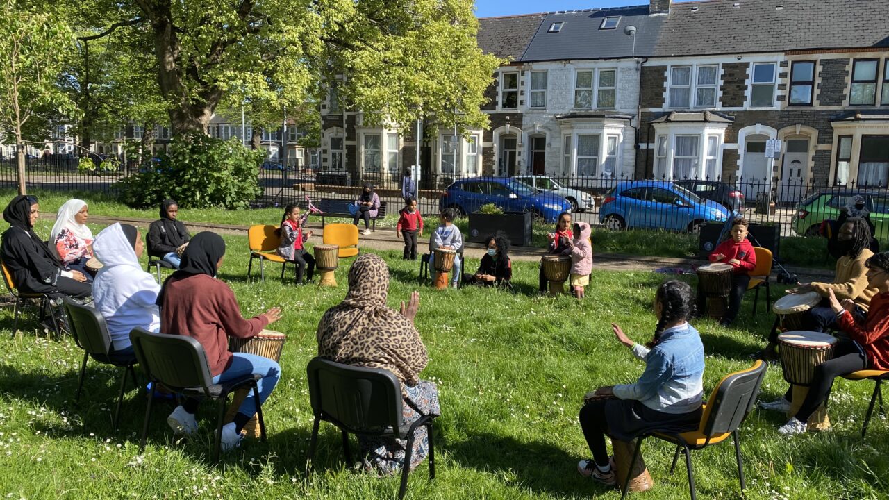 Djembe drumming workshop in Clare Gardens, Riverside