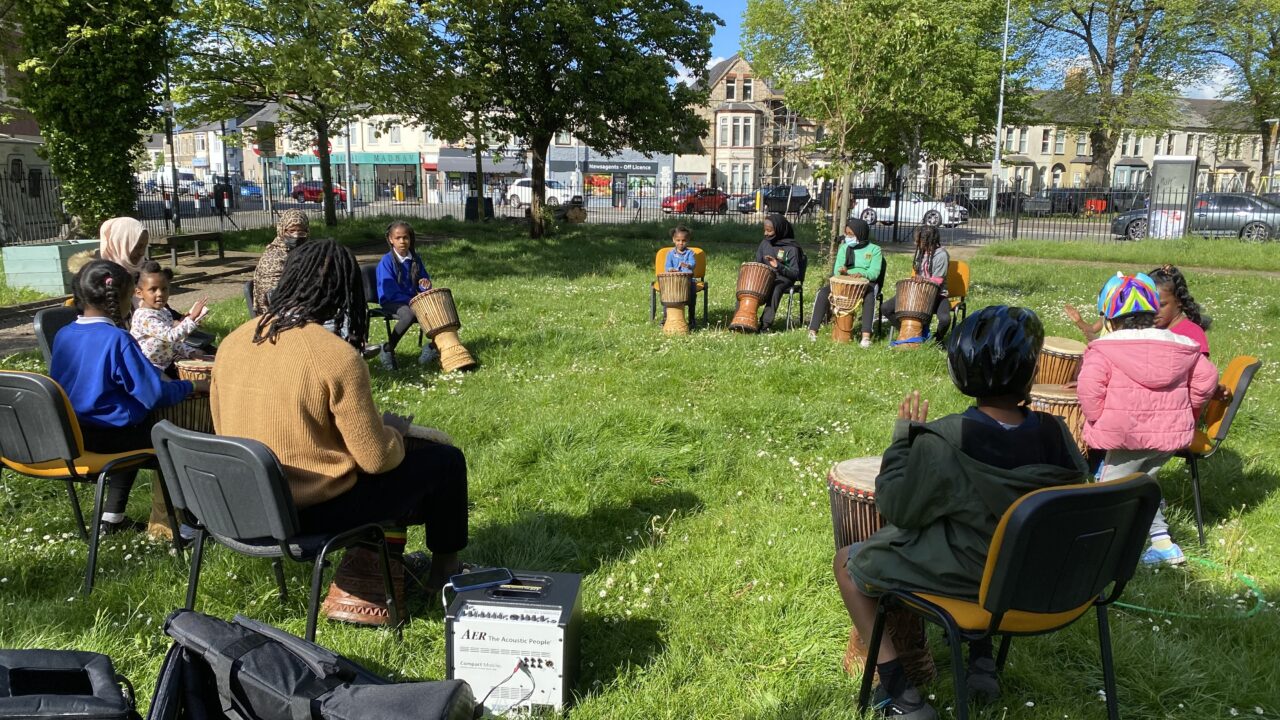 Djembe drumming workshop in Clare Gardens, Riverside