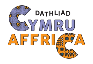 Dathliad Cymru-Affrica logo with two prominent Cs, Cymru C is filled with an African print type design, the Affrica C is filled with a Welsh blanket type design
